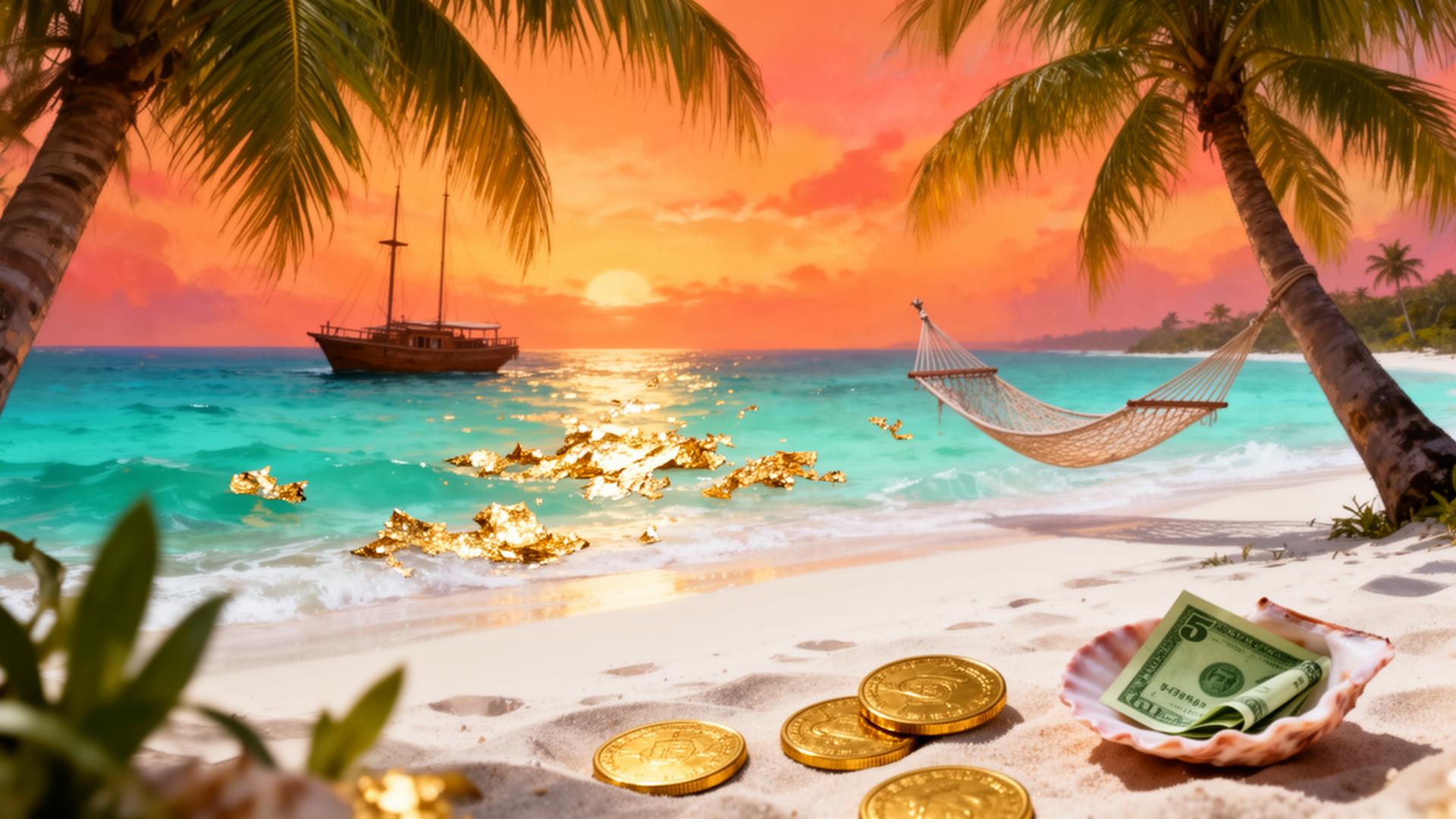 Caribbean sanctuary at golden hour — turquoise sea, palm hammock, gold coins in the sand